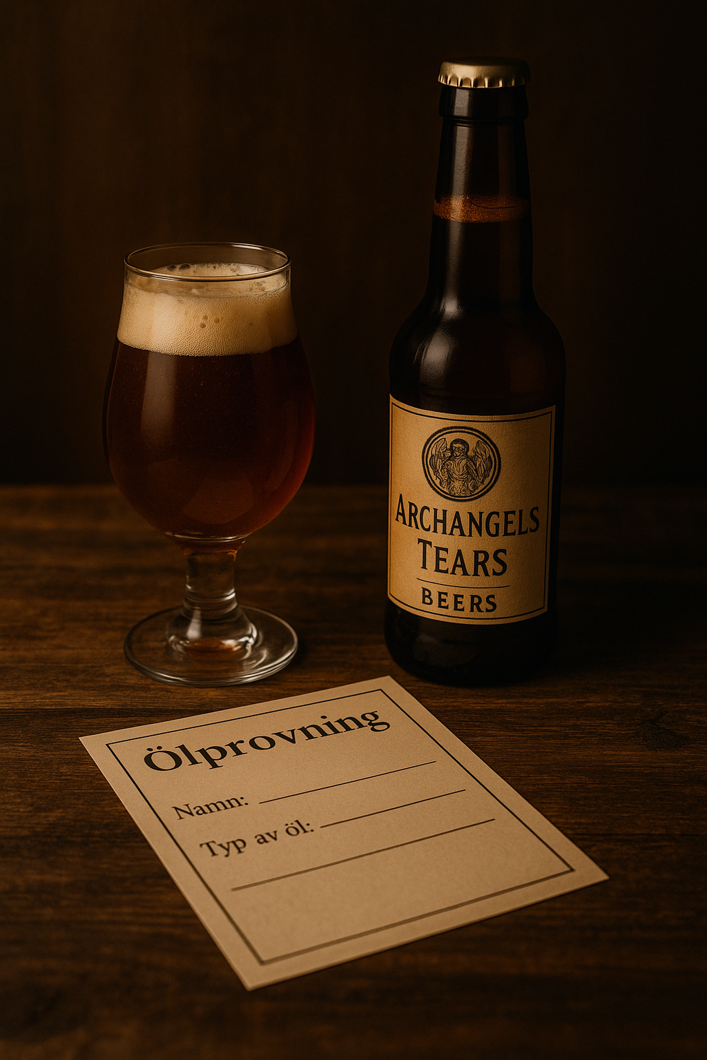 Ölprovning med Archangels (t) beers - två ölglas, flaska och protokoll på rustikt trä bord, 