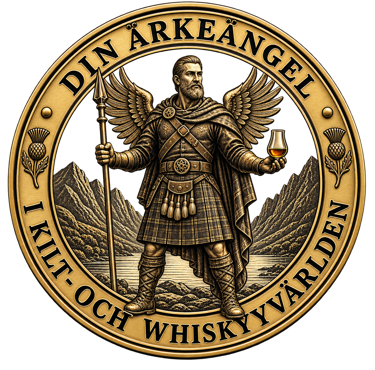 Lord of Glencoe emblem med ärkeängel i kilt och whiskyglas